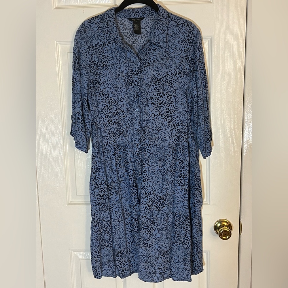 Blue Black Cheetah Print Button Up Tunic Dress